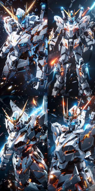 机动战士，高达，头部细节多细腻，金属白为主，暗金结构装饰，关节和内部为生黑色，动态捕捉，超金属质感，金属高光，陶瓷高光，机甲光泽，机甲活动细节，暗红色流线高光装饰，蓝色光点缀，光后背很多推进器加粒子蓝光喷射火焰，oc渲染，机甲覆盖少量烟尘和污渍，背景为幽暗宇宙空间有坠落的宇宙飞船残骸掉落，整体暗光，压迫感，紧张感，超现实主义，32k画质,32位色彩深度，画面细腻，