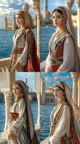 阿拉伯风格海边建筑背景，典型的阿拉伯女性特征，精致的五官，异域风情，传统民族服饰，全身，全景，24k高清，电影质感，3d建模渲染，艺术照构图，侧光，大师杰作