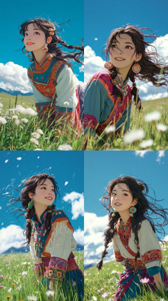 近镜头，一个25岁非常漂亮的女孩，站在绿色的草原上，面带微笑，看着天空，戴着漂亮的耳环，穿着色彩鲜艳的苗族衣服，半身照，风吹着她长长的头发，背景绿色的草原，蓝天，新海诚动画风格，超高分辨率，超高清，高细节，高质量，超高分辨率，