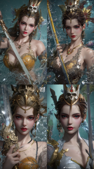 动漫cg艺术，皇室女性，精致面容红唇，网红脸，神秘女武神，奇幻4k，黄光剑风格，海之女王，湿婆，花城，细腻肌肤质感，深邃眼神，华丽头饰，海洋背景，动态水波，冷暖色调对比，高光细节，柔光效果，神秘氛围。