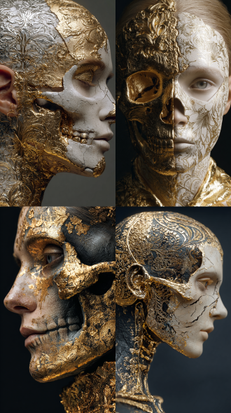 西方少妇的半身形象，一半脸为石膏人脸，一半为金色的骷髅形象，石膏头像，镂空的复杂花纹，金色材质修饰修饰，金属和石膏过渡自然，现代艺术，摄影艺术摆拍，纯暗色背景，高光，85mm近距离拍摄，24k，纹理材质清晰，光泽自然，西方宗教文化图案，