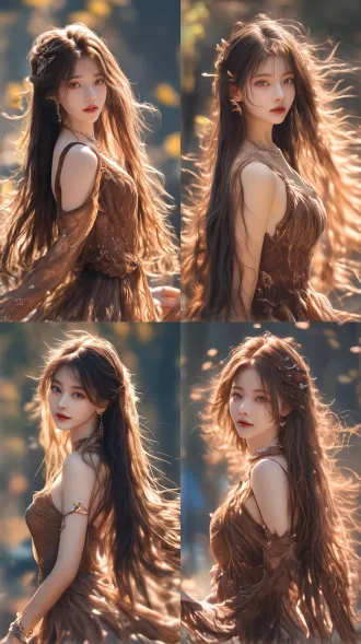 漂亮女孩穿褐色长裙，三分法构图，暖色调，长焦镜头，顶光，站立，优雅，白皙皮肤，柔和阴影，模糊背景，高光细节，自然妆容，飘逸长发，宁静氛围，精致五官，光影效果，大师杰作