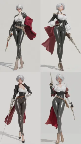 欧美女性，身材完美，银色短发，大长腿，英姿飒爽，连体皮衣裤，胸部及右手是黑色皮衣材质，胸部以下及左手是白色皮衣材质，露肩，精致的五官，右手皮质及金属手套，左手皮质手套，高跟鞋，红色披风，右手握住银色长枪，皮衣材质清晰，反光明显，背光，光影效果，电影质感，虚幻引擎oc渲染，超高清，清晰，身材突出，