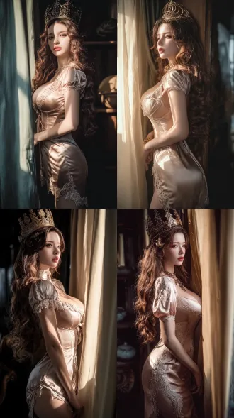 一位有着波浪长发的女性，身材完美，精致的五官，头戴皇冠，身着带有蕾丝细节的缎面连衣裙，站在窗帘旁，采用工作室灯光照明，24k高清，光影效果。