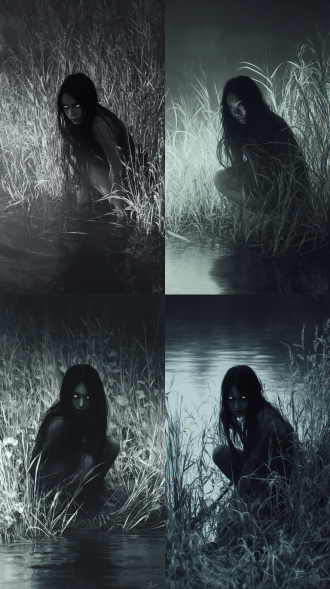 一位长发乌黑的女子，双眼散发着光芒，蹲在水边的高草丛中，氛围阴暗诡异，采用单色配色方案，照片底片感觉