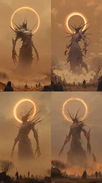 a giant, menacing creature with a humanoid form, covered in sharp, jagged protrusions and spikes, stands in a desolate, apocalyptic landscape. the creature has a large, circular, glowing halo above its head, emitting an otherworldly light. its body is dark and shadowy, with red glowing accents on its arms and chest. in the foreground, a group of small, human-like figures are seen, cowering in fear and looking up at the creature. the background is filled with a hazy, orange sky, adding to the sense of dread and destruction. the overall atmosphere is one of horror and despair, with the creature appearing as a powerful and unstoppable force of nature.