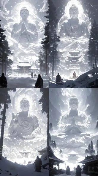 一尊巨大的白色佛像呈冥想姿势坐落在积雪的森林中，宝相庄严，慈眉善目，周围是被雪覆盖的树木和一座小型传统建筑，前景处有几个人，细节丰富，逼真，8k 画质