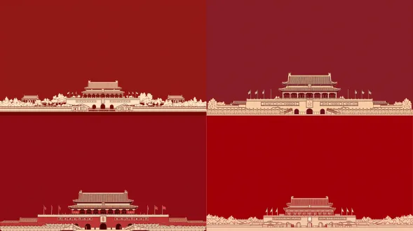 竖构图，极简扁平风矢量插画，天安门城楼剪影，统一深红背景不渐变，中轴线对称构图，汉白玉栏杆延伸透视，建筑位于画面最底部1/2处，无多余元素，留白充足，庄严肃穆的国风极简感，8k