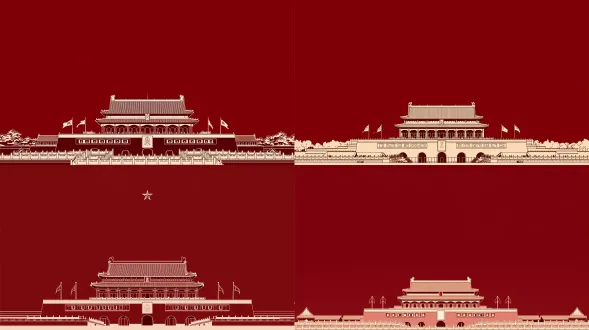 竖构图，极简扁平风矢量插画，天安门城楼剪影，统一深红背景不渐变，中轴线对称构图，汉白玉栏杆延伸透视，建筑位于画面最底部1/2处，无多余元素，留白充足，庄严肃穆的国风极简感，8k