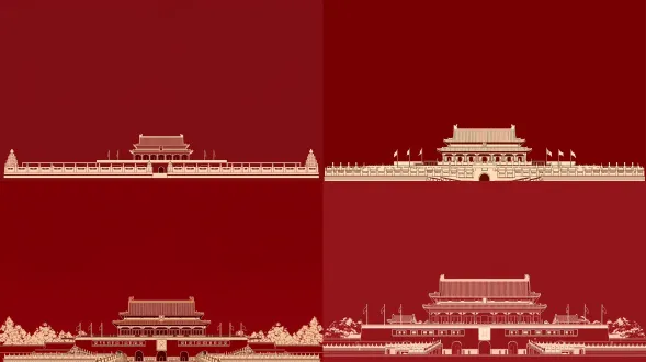 竖构图，极简扁平风矢量插画，天安门城楼剪影，统一深红背景不渐变，中轴线对称构图，汉白玉栏杆延伸透视，建筑位于画面最底部1/2处，无多余元素，留白充足，庄严肃穆的国风极简感，8k