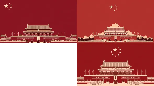 竖构图，极简扁平风矢量插画，天安门城楼剪影，统一深红背景不渐变，中轴线对称构图，汉白玉栏杆延伸透视，建筑位于画面最底部1/2处，无多余元素，留白充足，庄严肃穆的国风极简感，8k