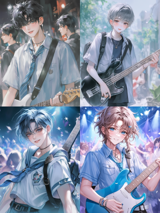 "动漫风格，男练习生穿浅蓝色短袖校服带蓝色条纹，背吉他，舞台中央，聚光灯照射，观众模糊背景，仰视角，广角镜头，高饱和度，动态光影，微笑表情，自信姿态，吉他细节突出，暖色调与冷光对比，青春活力感"