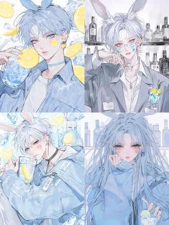 浅蓝发色人物，穿浅蓝夹克，手持带柠檬片和冰块的玻璃杯，头戴兔耳，脸颊贴心形贴纸，背景布满瓶子和玻璃杯，动漫插图风格，对角线构图，柔和高光，明亮色彩，散景效果，特写镜头，冷色调，生动表情，俏皮氛围，细节丰富，清新感。