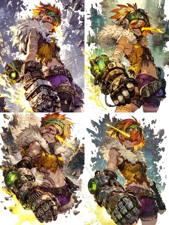 一个漂亮娇小女孩，娇小身材，全身像，击碎城墙，橘黄和黄色尖刺短发，黄绿色头带，右侧红色眼眸，覆盖左半脸的露眼面具，黄色激光左眼，白皙皮肤，手臂带有淡几何部落纹身，身披黄棕撕裂皮马甲，领口厚实蓬松白色绒毛，紫色短裤，金属雕花腰带，黑色露指拳套，左手巨大重型蒸汽朋克机械义肢，机械臂带有金属铆钉、手背绿色能源炉、压力表，泛着明亮的黄色能量光效。背景为无数被击碎的钢壁和正在崩裂的要塞，精致细节，游戏人物原画，完整全身角色，干净渲染，坏笑表情，单人，高分辨率，大师之作，多彩背景，动态感，游戏cg，突出人物，非单调背景