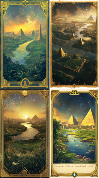 "a complete strategy game card featuring the nile river valley, with a hyper-realistic central illustration of lush green fields along the shimmering nile river, rendered with meticulous, delicate brushstrokes capturing every blade of grass, rippling water, and weathered stone textures of ancient egyptian pyramids and obelisks under a golden sunrise. the card has an ornate golden border with highly detailed hieroglyphic engravings. a fully rendered semi- bottom panel, clearly displaying the card name 'nile valley - cradle of civilization' in large bold text, attributes (resource output: 8, defense: 6, expansion cost: 4, tech: 5) in a smaller neat layout, and skills ('abundant irrigation,' 'temple blessing,' 'nile's grace') in a crisp, elegant serif font, all perfectly legible. the background includes a starry desert sky with subtle, glowing cultural symbols. fine, detailed realism with ultra-realistic textures and soft gradient lighting, in the style of a grand strategy card game, cinematic atmosphere, 4k resolution.