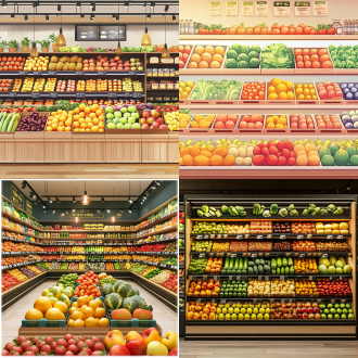 超市果蔬背景，商超海报设计，现代大型超市果蔬堆头设计，现代极简主义音乐会海报，带有低饱和度色彩，全版图片，明亮而充满活力的氛围，色彩明亮且具有活力，果蔬货架排列整齐，配有清晰的导视系统，色调优雅，灯光柔和，展示区域设计精致，适合高端食品和生活用品销售适合日常购物和家庭需求