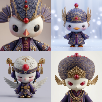 泡泡玛特ip设计，鹤与青铜器结合的可爱人偶形象，头戴云纹装饰帽帽子中间点缀一颗红珠，现代新中式风格服饰，绛紫色与金色，细节，电影级布光，白色背景，超高清16k，柔和散射光，立体雕塑感，哑光质感，微距特写，对称构图，典雅神秘，宁静氛围，三视图