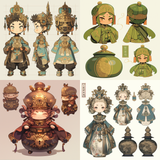 personified san fang lie jar, cute boy character in q-version, square vessel with bronze texture headgear, 1:1 body proportions, three-view drawings: front, side, and back