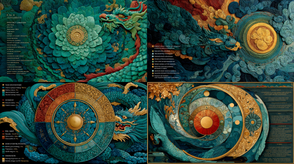 "surreal silk painting cosmos in t-shape composition, sun-moon mandala rotating with celestial mechanics, chinese dragon tail keeping rhythm like metronome, sticky rice light beams extending towards viewer in stop-motion clay texture, dunhuang flying apsara color palette with malachite green and cinnabar red "