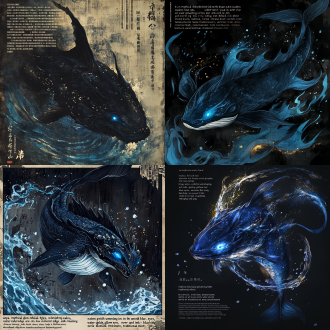 "a mythical whale-fish hybrid with dragon scales and glowing blue eyes, swimming in the underworld river (yellow springs), water splashing around its body, dark indigo and ink-black colors, traditional chinese brushstroke texture, eerie bioluminescent mist, inspired by han dynasty mythology."