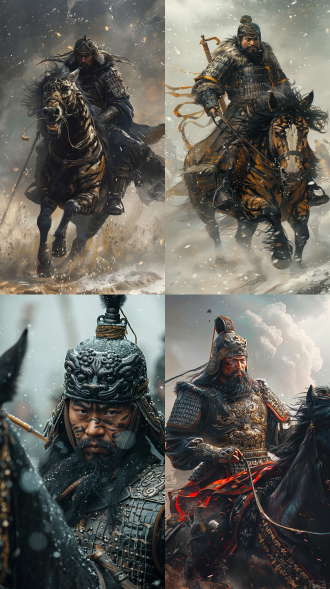 中国古代武将，三国武将，汉末三国时期，张飞，铠甲，盔甲，骑马，乌云踏雪，纯种的乌骓马，头戴饰有虎纹的镔铁盔，配黑盔缨，虎头护肩，穿着黑战裙、铁护腿和黑战靴，束黑腰带，手持丈八蛇矛。丈八蛇矛，丈八点钢矛，通体铁制，由矛头、矛柄、矛鐏三部分组成，矛头长二尺余，扁平，弯曲如蛇形，两面有刃，故称蛇矛，对称构图，高对比度，冷色调，长焦镜头，逆光，慢快门，豹头环眼，燕颔虎须，浓密胡须，圆睁怒目，粗犷，粗犷不羁的黑脸大汉，刚烈而暴躁，豪迈勇猛的气势，尺寸9:16.