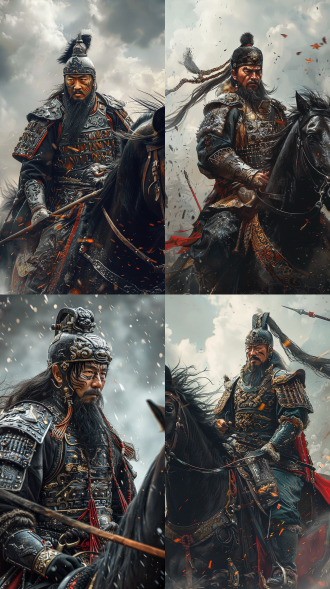 中国古代武将，三国武将，汉末三国时期，张飞，铠甲，盔甲，骑马，乌云踏雪，纯种的乌骓马，头戴饰有虎纹的镔铁盔，配黑盔缨，虎头护肩，穿着黑战裙、铁护腿和黑战靴，束黑腰带，手持丈八蛇矛。丈八蛇矛，丈八点钢矛，通体铁制，由矛头、矛柄、矛鐏三部分组成，矛头长二尺余，扁平，弯曲如蛇形，两面有刃，故称蛇矛，对称构图，高对比度，冷色调，长焦镜头，逆光，慢快门，豹头环眼，燕颔虎须，浓密胡须，圆睁怒目，粗犷，粗犷不羁的黑脸大汉，刚烈而暴躁，豪迈勇猛的气势，尺寸9:16.