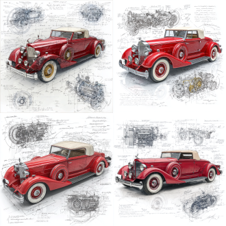 1934 packard coupe roadste classic model, 3d central rendering on a pure white background, surrounded by hand-drawn sketches of key components. pencil sketch style with detailed annotations, including text descriptions and precise measurements. the red body, white hubcaps, white convertible top ，classic color scheme highlights the elegance of this historic vehicle. the design focuses on both the full car and intricate mechanical details, capturing the essence of vintage automotive engineering.
