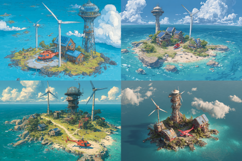 末世，无人小岛，四周都是蓝色的海水，两座风力发电机，屋顶太阳能板，末日生存，高空俯瞰，高空俯瞰小岛全貌，2 gun turret，若干栋房屋，木质房屋，两层小屋，阳光明媚，蓝天白云，宁静，有生机，三座水塔，高耸的瞭望塔，瞭望塔圆顶有玻璃窗，瞭望塔有梯子，瞭望塔顶有探照灯，农田，种植的水果，蔬菜，一座雷达站，一座直升机停机坪，停机坪停着一架红色直升机.宫崎骏画风。
