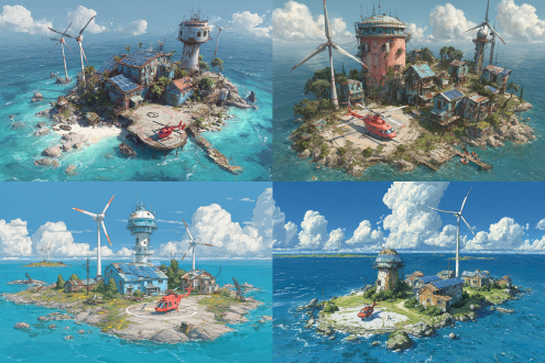 末世，无人小岛，四周都是蓝色的海水，两座风力发电机，屋顶太阳能板，末日生存，高空俯瞰，高空俯瞰小岛全貌，2 gun turret，若干栋房屋，木质房屋，两层小屋，阳光明媚，蓝天白云，宁静，有生机，三座水塔，高耸的瞭望塔，瞭望塔圆顶有玻璃窗，瞭望塔有梯子，瞭望塔顶有探照灯，农田，种植的水果，蔬菜，一座雷达站，一座直升机停机坪，停机坪停着一架红色直升机.宫崎骏画风。