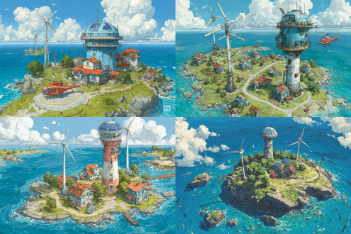 无人小岛，四周都是蓝色的海水，两座风力发电机，屋顶太阳能板，高空俯瞰，高空俯瞰小岛全貌，2 座炮台，若干栋房屋，木质房屋，两层小屋，阳光明媚，蓝天白云，宁静，有生机，三座水塔，高耸的瞭望塔，瞭望塔圆顶有玻璃窗，瞭望塔有梯子，瞭望塔顶有探照灯，农田，种植的水果，蔬菜，一座雷达站，一座直升机停机坪，停机坪停着一架红色直升机.宫崎骏画风。