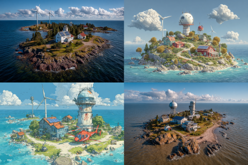 无人小岛，四周都是蓝色的海水，两座风力发电机，屋顶太阳能板，高空俯瞰，高空俯瞰小岛全貌，2 座炮台，若干栋房屋，木质房屋，两层小屋，阳光明媚，蓝天白云，宁静，有生机，三座水塔，高耸的瞭望塔，瞭望塔圆顶有玻璃窗，瞭望塔有梯子，瞭望塔顶有探照灯，农田，种植的水果，蔬菜，一座雷达站，一座直升机停机坪，停机坪停着一架红色直升机.