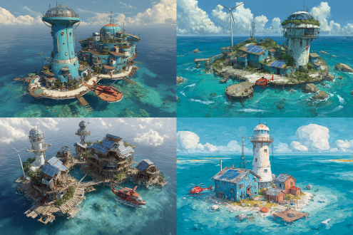 木筏，方舟，四周都是蓝色的海水，两座风力发电机，屋顶太阳能板，高空俯瞰，高空俯瞰全貌，2 座炮台，若干栋房屋，木质房屋，两层小屋，阳光明媚，蓝天白云，宁静，有生机，三座水塔，高耸的瞭望塔，瞭望塔圆顶有玻璃窗，瞭望塔有梯子，瞭望塔顶有探照灯，种植的水果，蔬菜，一座雷达站，一座直升机停机坪，停机坪停着一架红色直升机.