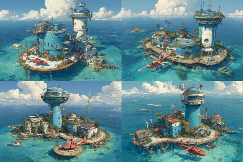 木筏，方舟，四周都是蓝色的海水，两座风力发电机，屋顶太阳能板，高空俯瞰，高空俯瞰全貌，2 座炮台，若干栋房屋，木质房屋，两层小屋，阳光明媚，蓝天白云，宁静，有生机，三座水塔，高耸的瞭望塔，瞭望塔圆顶有玻璃窗，瞭望塔有梯子，瞭望塔顶有探照灯，种植的水果，蔬菜，一座雷达站，一座直升机停机坪，停机坪停着一架红色直升机.