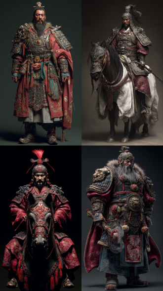 中国古代武将，三国武将，东汉末年名将，三国第一猛将，吕布，铠甲，盔甲，骑马，赤兔马，西川红锦百花袍外披兽面吞头连环铠，方天画戟，戟，因为其戟杆上加彩绘装饰，故称画戟，指一种将戈、矛合成一体，既能直刺，又能横击的古代兵器，对称构图，高对比度，冷色调，长焦镜头，逆光，慢快门，体格魁梧，骁勇善战，器宇轩昂、威风凛凛的英俊猛将，面容俊朗，气度不凡，仪表堂堂，带有高贵气质，带有游牧民族特征，面似傅粉，宝剑眉，鼻如玉柱，口似丹朱，英勇与风华，胡须，淡淡的胡须，威严与压迫感，令人望而生畏，英武和威猛。