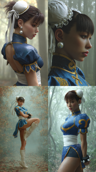 超写实、细节丰富的《街头霸王》春丽照片，达兹3d风格。她有着深棕色齐刘海和短马尾，身着蓝金色制服，头戴白色头带，佩戴珍珠耳环。背景是雾气弥漫的森林，侧踢，全身，