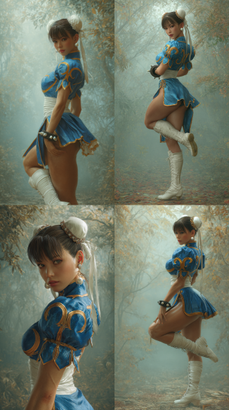 超写实、细节丰富的《街头霸王》春丽照片，达兹3d风格。她有着深棕色齐刘海和短马尾，身着蓝金色制服，头戴白色头带，佩戴珍珠耳环。背景是雾气弥漫的森林，侧踢，全身，