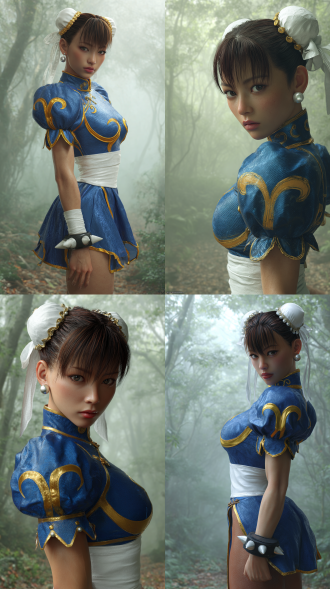 超写实、细节丰富的《街头霸王》春丽照片，达兹3d风格。她有着深棕色齐刘海和短马尾，身着蓝金色制服，头戴白色头带，佩戴珍珠耳环。背景是雾气弥漫的森林，侧踢，全身，