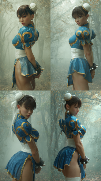 超写实、细节丰富的《街头霸王》春丽照片，达兹3d风格。她有着深棕色齐刘海和短马尾，身着蓝金色制服，头戴白色头带，佩戴珍珠耳环。背景是雾气弥漫的森林，侧踢，全身，