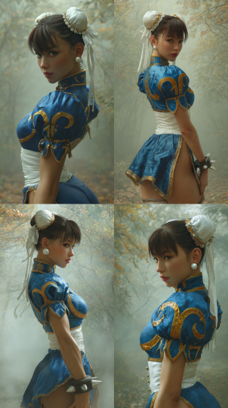 超写实、细节丰富的《街头霸王》春丽照片，达兹3d风格。她有着深棕色齐刘海和短马尾，身着蓝金色制服，头戴白色头带，佩戴珍珠耳环。背景是雾气弥漫的森林，侧踢，全身，
