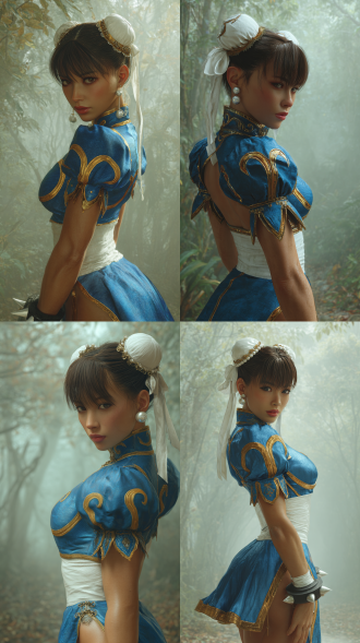 超写实、细节丰富的《街头霸王》春丽照片，达兹3d风格。她有着深棕色齐刘海和短马尾，身着蓝金色制服，头戴白色头带，佩戴珍珠耳环。背景是雾气弥漫的森林，侧踢，全身，