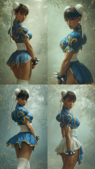 超写实、细节丰富的《街头霸王》春丽照片，达兹3d风格。她有着深棕色齐刘海和短马尾，身着蓝金色制服，头戴白色头带，佩戴珍珠耳环。背景是雾气弥漫的森林，侧踢，全身，