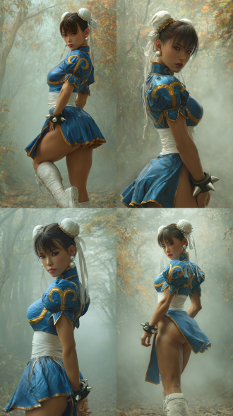 超写实、细节丰富的《街头霸王》春丽照片，达兹3d风格。她有着深棕色齐刘海和短马尾，身着蓝金色制服，头戴白色头带，佩戴珍珠耳环。背景是雾气弥漫的森林，侧踢，全身，