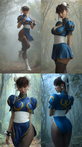 超写实、细节丰富的《街头霸王》春丽照片，达兹3d风格。她有着深棕色齐刘海和短马尾，身着蓝金色制服，黑丝袜，头戴白色头带，佩戴珍珠耳环。背景是雾气弥漫的森林，必杀技。