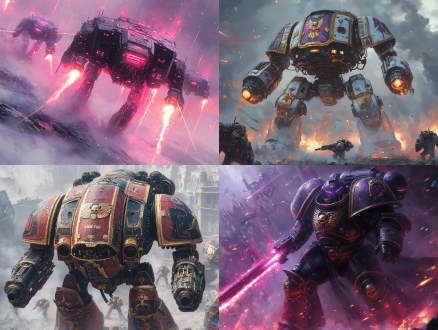 战锤40k 骑士泰坦战斗，三角构图，科幻战场，冷色调，长焦镜头，顶光，激战动作，红色带金色线条机甲，紫色带金色线条机甲，蓝色带金色线条机甲，机甲元素，荣耀感。