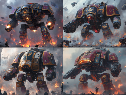 战锤40k 骑士泰坦战斗，三角构图，科幻战场，冷色调，长焦镜头，顶光，激战动作，红色带金色线条机甲，紫色带金色线条机甲，蓝色带金色线条机甲，机甲元素，荣耀感。