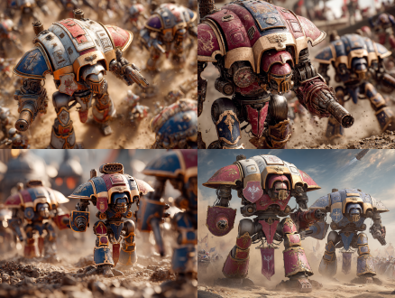 战锤40k 骑士泰坦战斗，三角构图，科幻战场，冷色调，长焦镜头，顶光，激战动作，红色带金色线条机甲，紫色带金色线条机甲，蓝色带金色线条机甲，机甲元素，荣耀感。