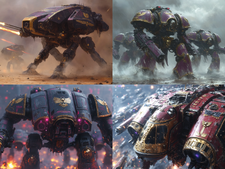 战锤40k 骑士泰坦战斗，三角构图，科幻战场，冷色调，长焦镜头，顶光，激战动作，红色带金色线条机甲，紫色带金色线条机甲，蓝色带金色线条机甲，机甲元素，荣耀感。