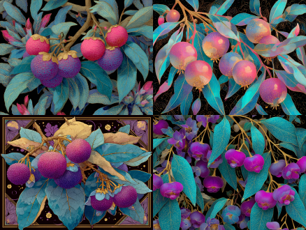 art nouveau black the fruit and branches of lychee , colour pallete is pale purple and gold ，neon magenta and cyan petals with gold accents,