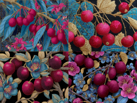 新艺术风格黑色 morella rubra lour的果实和树枝，调色板是深红色和金色，霓虹洋红色和青色花瓣带有金色点缀，