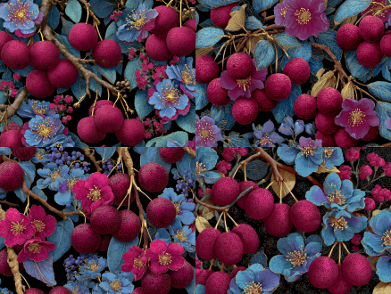 新艺术风格黑色 morella rubra lour的果实和树枝，调色板是深红色和金色，霓虹洋红色和青色花瓣带有金色点缀，